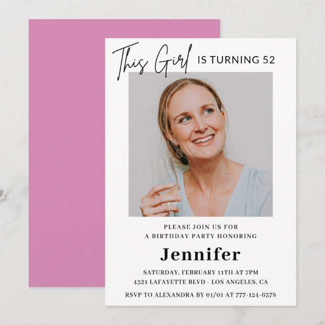 Elegant Modern Pink Photo 52nd birthday Invitation (Front/Back)