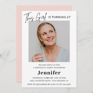 Elegant Modern Pink Photo 67th birthday Invitation