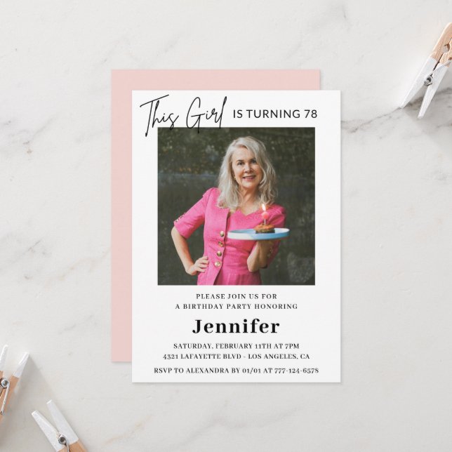 Elegant Modern Pink Photo 78th birthday Invitation (Front/Back In Situ)