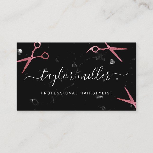 Elegant modern pink rose gold scissors hairstylist business card (Front)