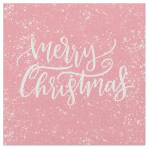 Elegant Modern Pink Snowy Merry Christmas Script Fabric