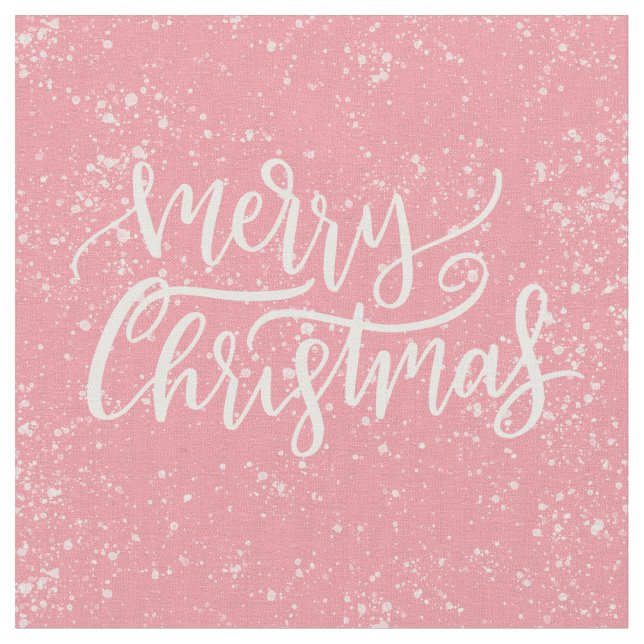 Elegant Modern Pink Snowy Merry Christmas Script Fabric (Close Up)