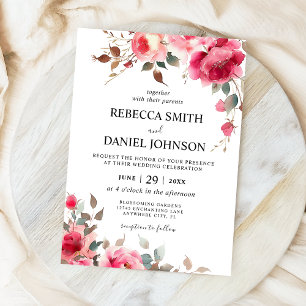 Elegant Modern Pink Watercolor Rose Floral Wedding Invitation