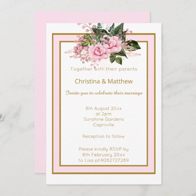 ELEGANT MODERN PINK WHITE GOLD FLORAL WEDDING INVITATION (Front/Back)