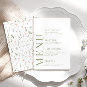 Elegant modern pink wildflower wedding menu cards