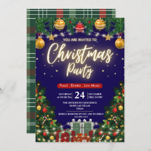 Elegant Modern Plaid Green Christmas Party  Invitation