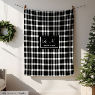 Elegant Modern Plaid Throw with Custom Monogram Fleece Blanket