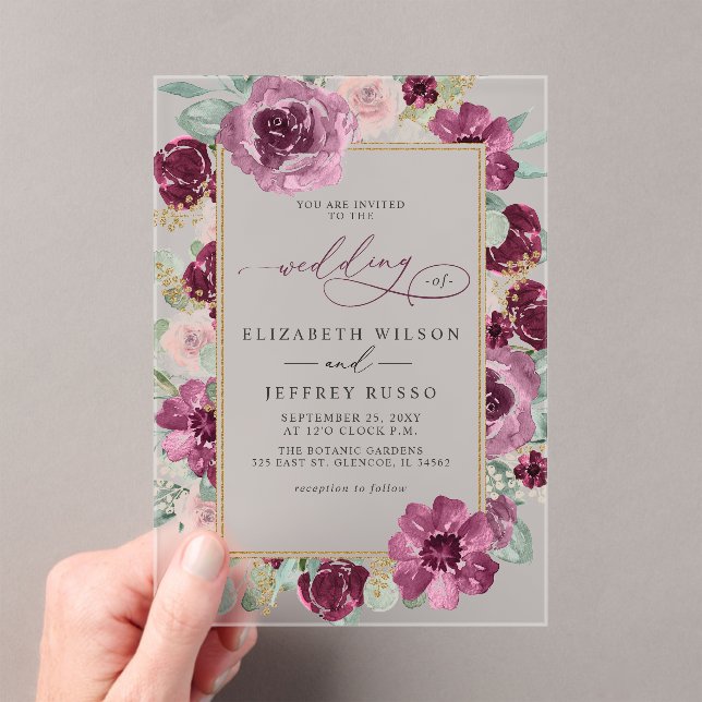 Elegant Modern Plum Gold Botanical Floral Wedding Acrylic Invitations (Insitu (Handheld))