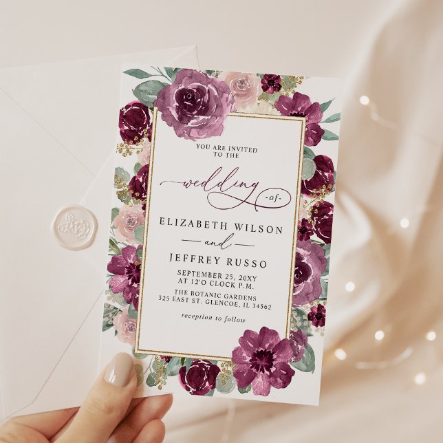 Elegant Modern Plum Gold Botanical Floral Wedding Invitation (Creator Uploaded)