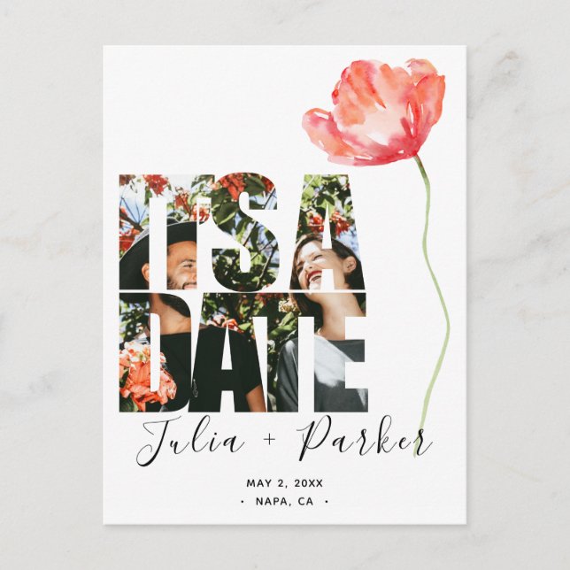 Elegant Modern Poppy Red Wedding Save the date Announcement Postcard (Front)