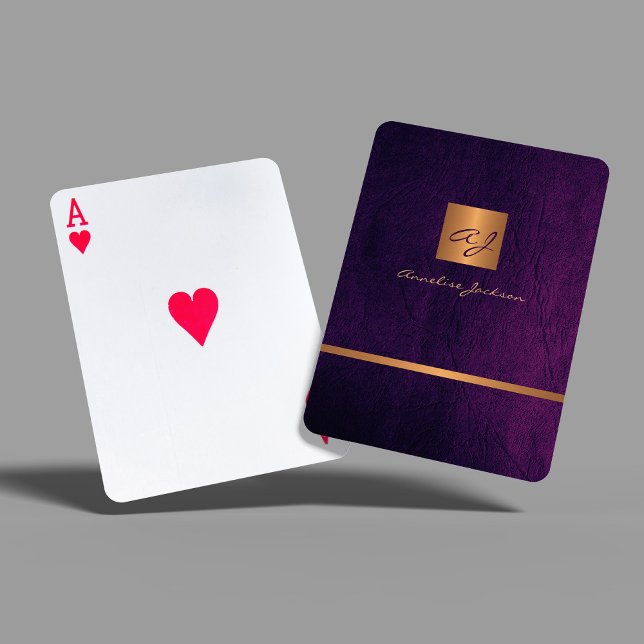 Elegant modern purple and gold monogrammed leather playing cards (Creator Uploaded)