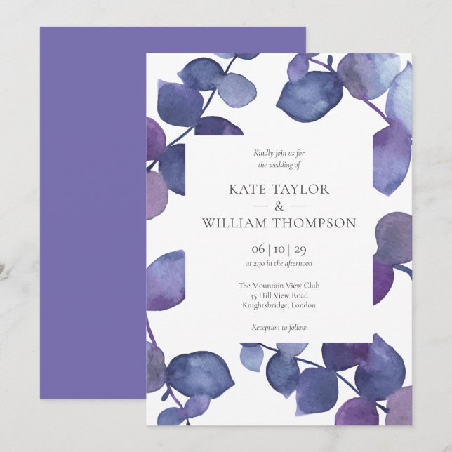 Elegant Modern Purple Eucalyptus Floral Wedding Invitation (Front/Back)