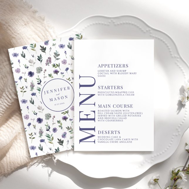 Elegant modern purple flower wedding menu cards (Creator Uploaded)