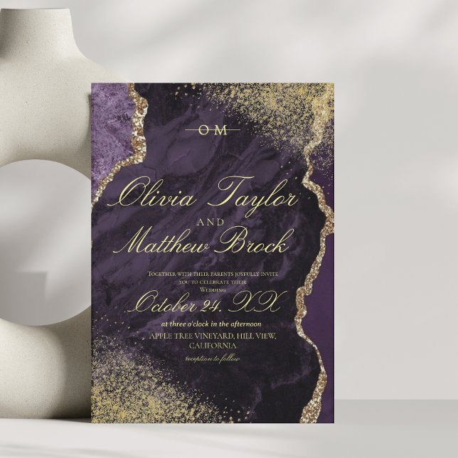 Elegant Modern Purple Gold Agate Script Wedding Invitation (Creator Uploaded)