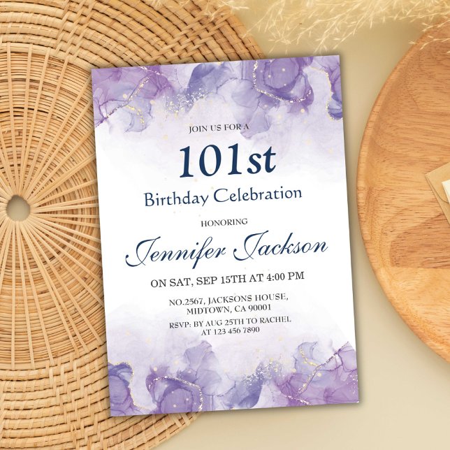 Elegant modern purple & gold floral 101st birthday invitation (Creator Uploaded)