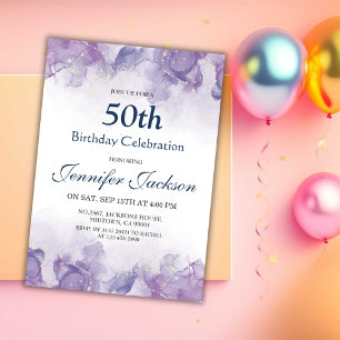 Elegant modern purple & gold floral 50th birthday invitation