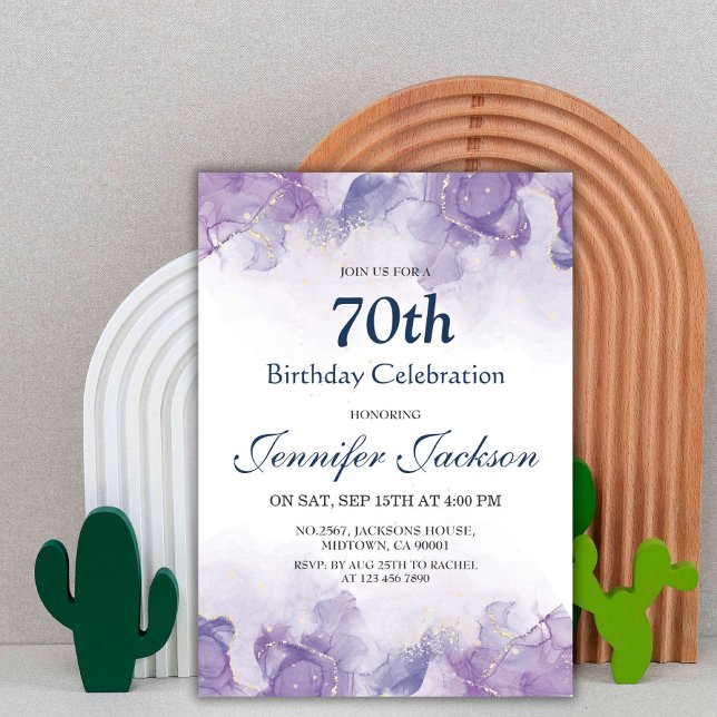 Elegant modern purple & gold floral 70th birthday invitation (Creator Uploaded)