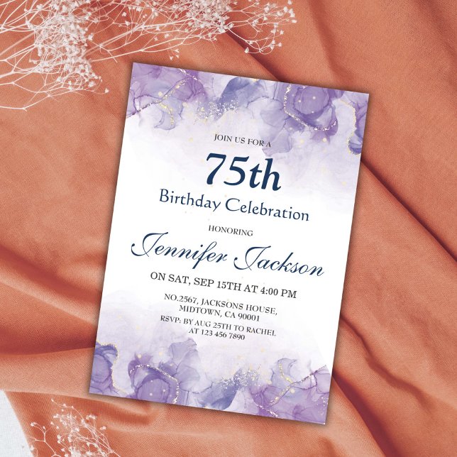 Elegant modern purple & gold floral 75th birthday invitation (Creator Uploaded)