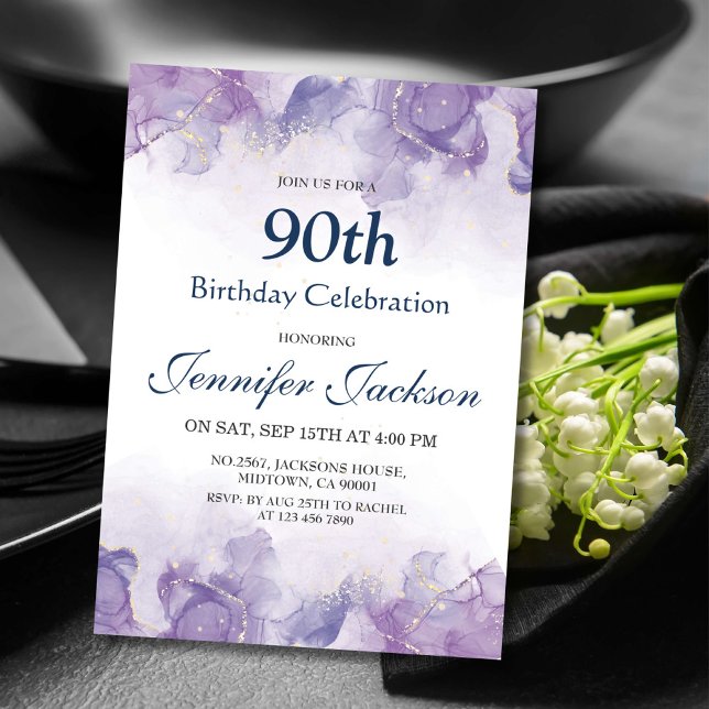 Elegant modern purple & gold floral 90th birthday invitation (Creator Uploaded)