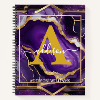 Elegant Modern Purple Gold Glitter Agate Monogram Notebook
