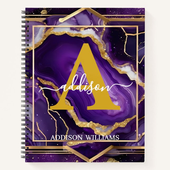 Elegant Modern Purple Gold Glitter Agate Monogram Notebook (Front)