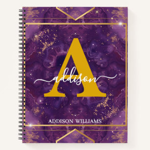 Elegant Modern Purple Gold Glitter Agate Monogram Notebook