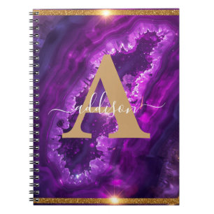 Elegant Modern Purple Gold Glitter Agate Monogram Notebook