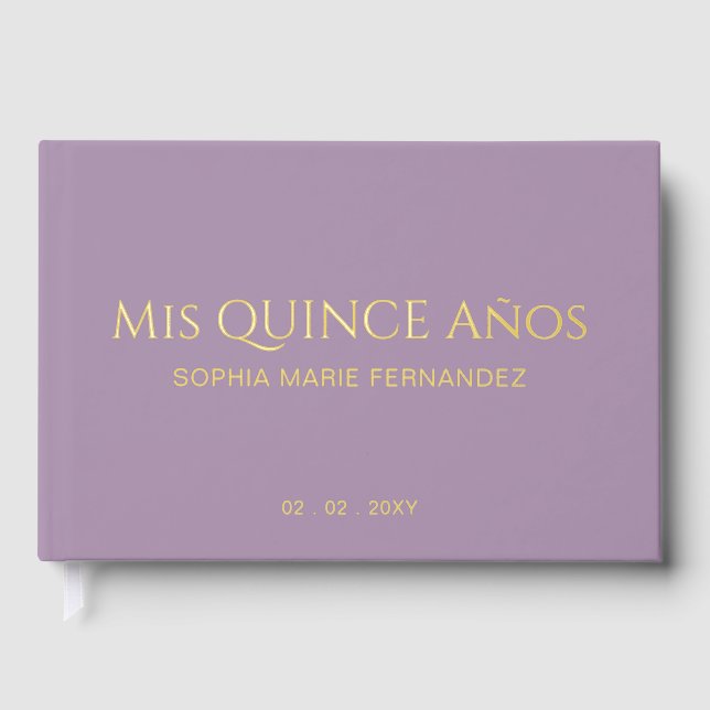 Elegant Modern Purple Gold Quinceañera Guest Book (Front)