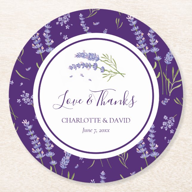 Elegant Modern Purple Lavender Floral Wedding Round Paper Coaster (Front)