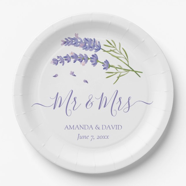 Elegant Modern Purple Lavender Mr and Mrs Wedding Paper Plate (Front)