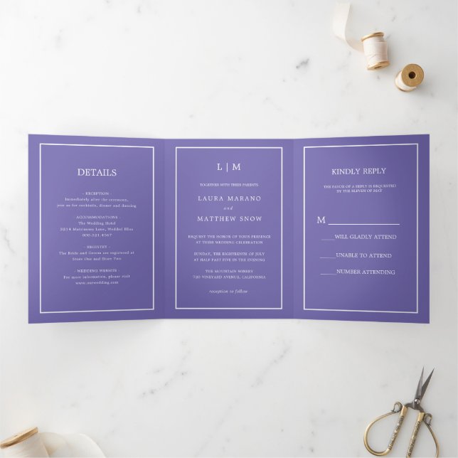 Elegant Modern Purple Monogram Simple Wedding Tri-Fold Invitation (Inside)
