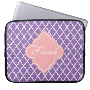 Elegant, modern purple quatrefoil monogram laptop sleeve