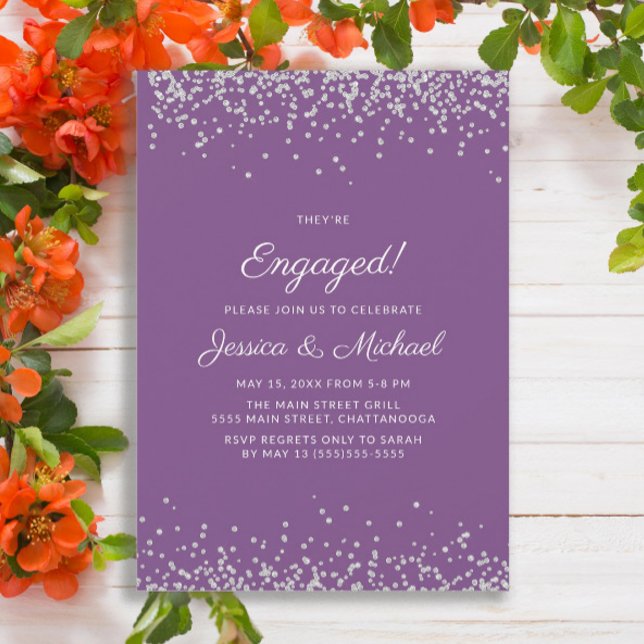 Elegant Modern Purple Silver Glitter Engagement Invitation (Purple engagement party invitation with silver glitter)