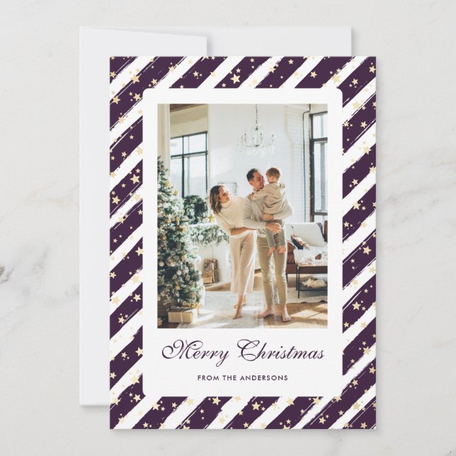 Elegant Modern Purple White Photo Merry Christmas Holiday Card (Front)