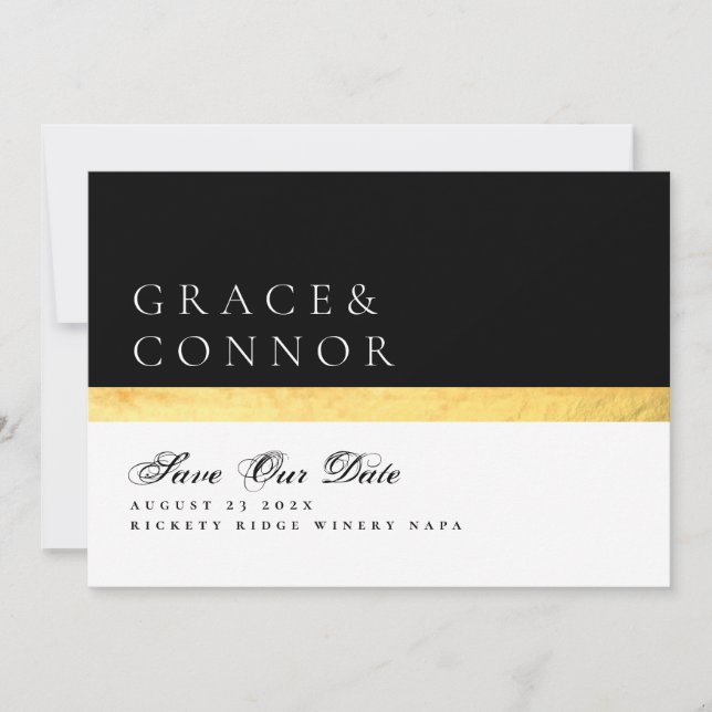 Elegant Modern QR Code Black Golden Photo Save The Date (Front)