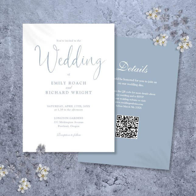 Elegant Modern QR Code Dusty Blue Wedding Invitation (Elegant Modern QR Code Dusty Blue Wedding Invitation)
