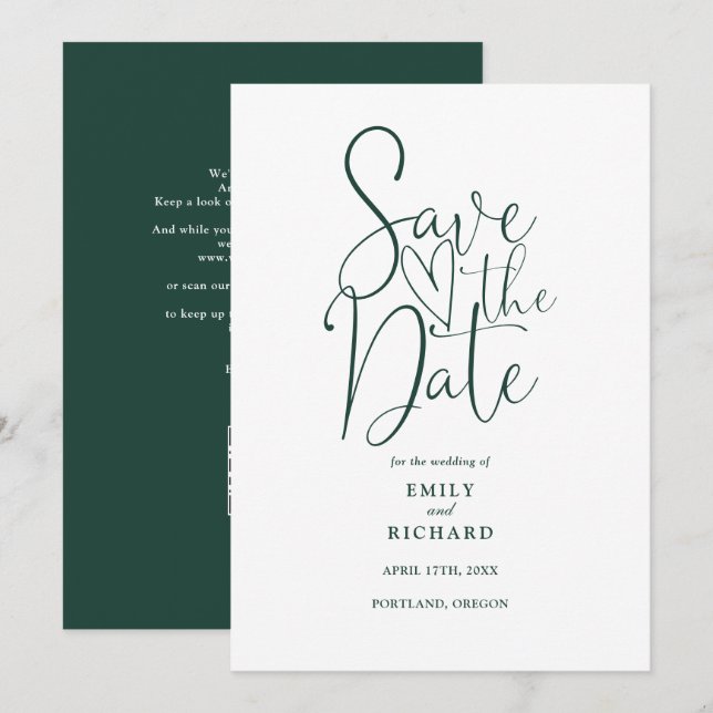 Elegant Modern QR Code Emerald Green Wedding Save The Date (Front/Back)
