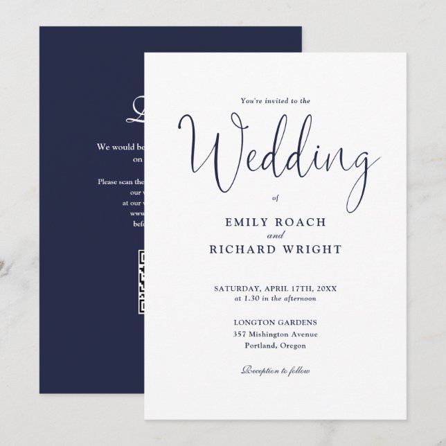 Elegant Modern QR Code Navy Blue Wedding Invitation (Front/Back)