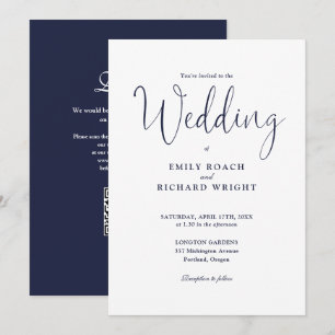 Elegant Modern QR Code Navy Blue Wedding Invitation