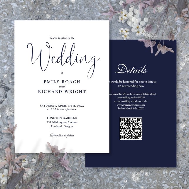 Elegant Modern QR Code Navy Blue Wedding Invitation (Elegant Modern QR Code Navy Blue Wedding Invitation)