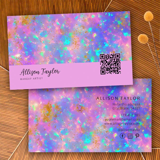 Elegant Modern Qr Code Purple Gold Fire Opal Stone Business Card (Front and Back)