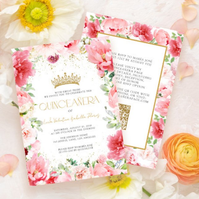 Elegant Modern QR Pink Floral Gold Quinceañera Invitation (Creator Uploaded)