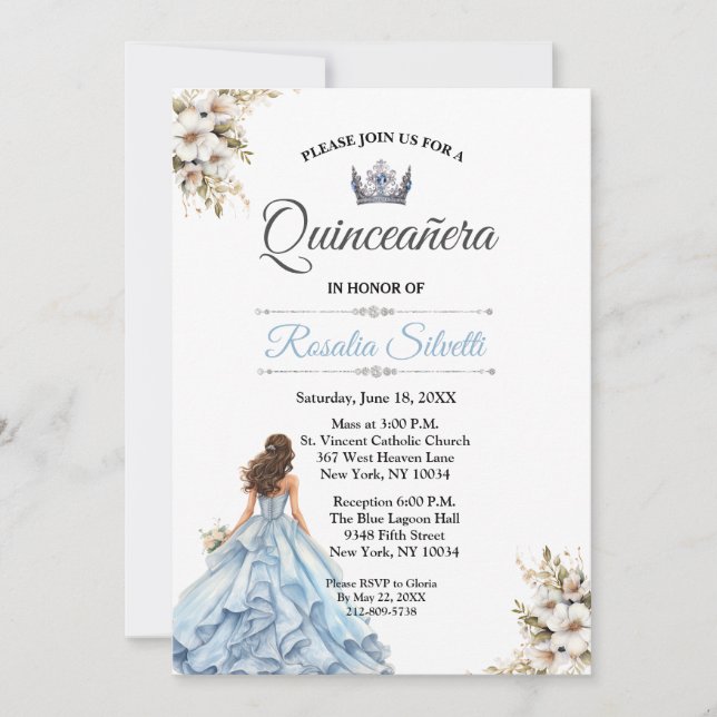 Elegant Modern Quinceanera Blue and Silver Invitation (Front)