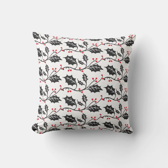 Elegant Modern Red and Black Holly Pattern Cushion (Front)