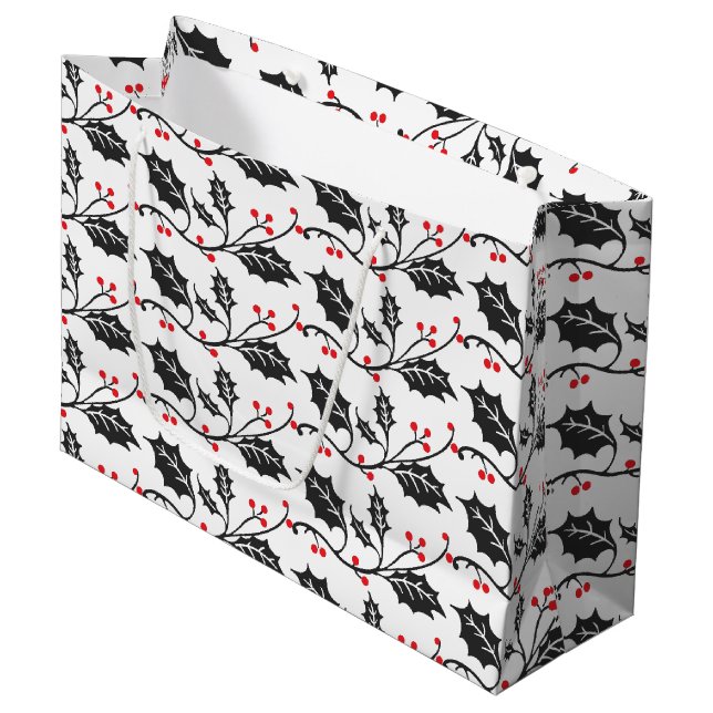 Elegant Modern Red and Black Holly Pattern Large Gift Bag (Front Angled)
