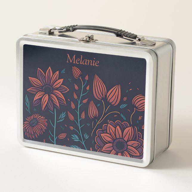 Elegant Modern Red and Blue Floral Personalised Metal Lunch Box (Front)