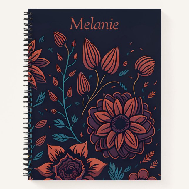Elegant Modern Red and Blue Floral Personalised Notebook (Front)