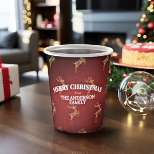 Elegant Modern Red and Gold Reindeer Christmas Paper Cups