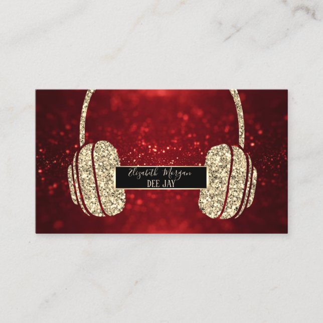 Elegant Modern Red Bokeh Glitter Headphone DJ Business Card (Front)