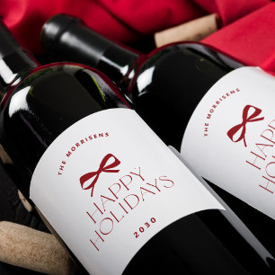 Elegant modern red bow Christmas holiday Wine Label